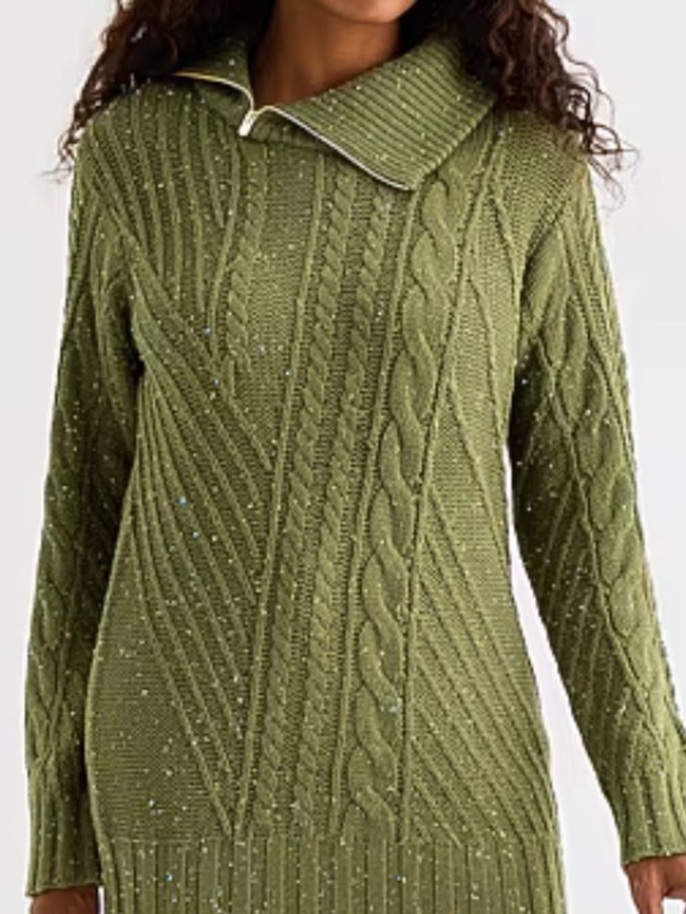 St. John's Bay Olive Green Cable-Knit Fold Collar Sweater